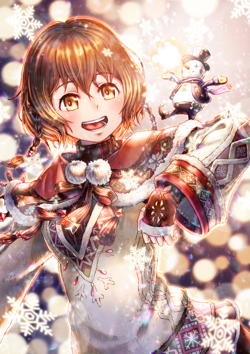 :d blush brown_eyes brown_hair capelet commentary_request fantasy highres looking_at_viewer open_mouth original outdoors sho_(sumika) short_hair short_twintails smile snowflakes snowman solo standing sweater twintails wide_sleeves