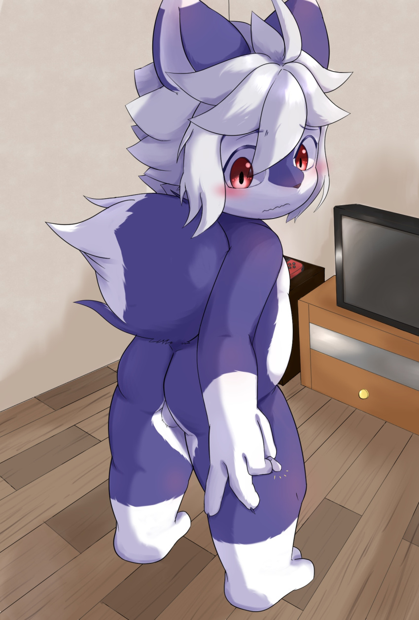 4_fingers anthro backsack balls blush butt canine cub fur looking_back male mammal nintendo nintendo_switch nude purple_fur red_eyes ririmaru solo standing television video_games wolf young
