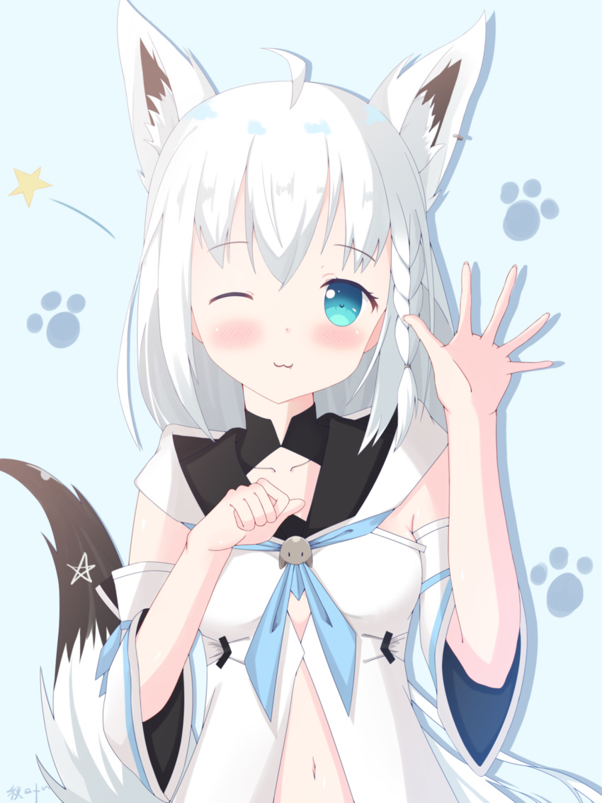 ;3 absurdres ahoge animal_ear_fluff animal_ears arm_up bangs bare_shoulders blue_background blue_eyes blue_neckwear blush closed_mouth commentary_request detached_sleeves ear_piercing eyebrows_visible_through_hair fang fang_out fingernails fox_ears fox_girl fox_tail hair_between_eyes highres hololive liang_feng_qui_ye navel neckerchief one_eye_closed piercing shirakami_fubuki shirt short_sleeves signature silver_hair sleeveless sleeveless_shirt solo tail tail_raised upper_body virtual_youtuber white_shirt white_sleeves wide_sleeves