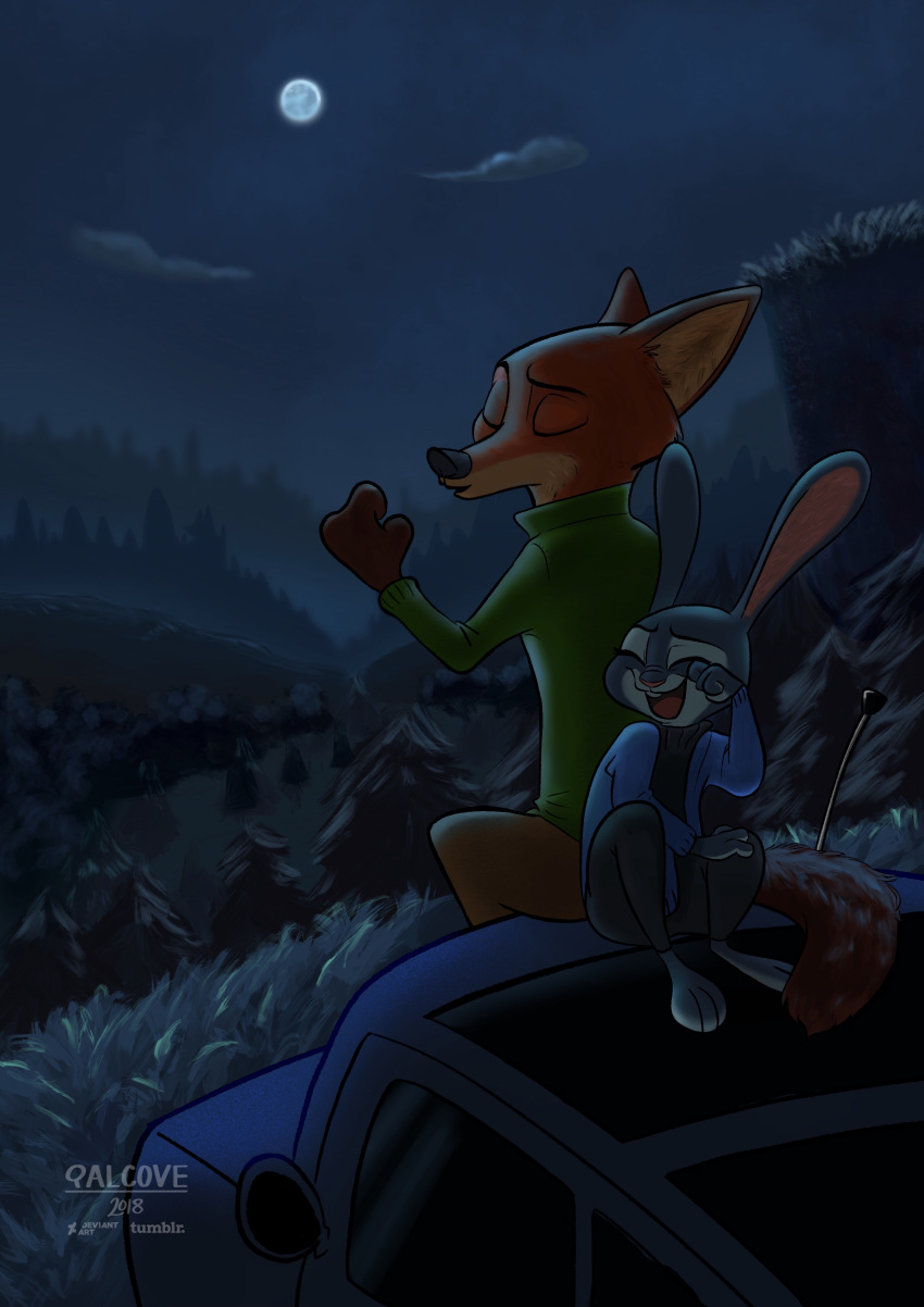 2018 absurd_res anthro black_nose canine clothed clothing cloud detailed_background disney duo eyes_closed female fox fur grass hi_res judy_hopps lagomorph long_ears male mammal moon nick_wilde night outside qalcove rabbit tree vehicle zootopia