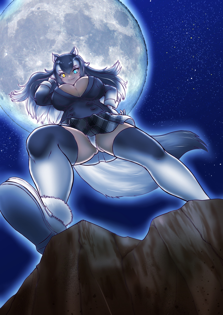 animal_ears ass_visible_through_thighs bangs black_hair breast_pocket breasts buttons cleavage closed_mouth commentary_request eyebrows_visible_through_hair fang fang_out floating_hair foreshortening from_below full_body full_moon fur-trimmed_footwear fur_trim gloves grey_wolf_(kemono_friends) hair_between_eyes hakumaiya hand_on_hip hand_up heterochromia highres impossible_clothes jacket kemono_friends large_breasts long_hair looking_at_viewer looking_down moon multicolored_hair night night_sky outdoors panties pantyshot plaid plaid_skirt pocket shoes skirt sky smile soles solo spread_legs standing star_(sky) starry_sky tail thighhighs two-tone_hair underwear white_hair white_panties wolf_ears wolf_girl wolf_tail