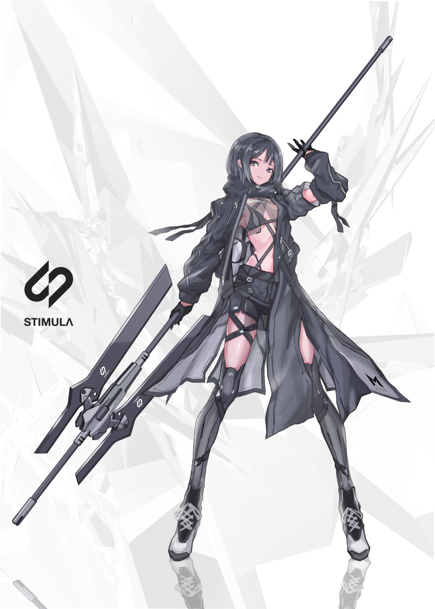 absurdres armpit_peek asymmetrical_clothes bikini_top black_eyes black_hair cancell detached_sleeves full_body gloves half_gloves highres legs_apart long_coat looking_at_viewer original reflection science_fiction see-through short_hair shorts solo standing thighhighs weapon