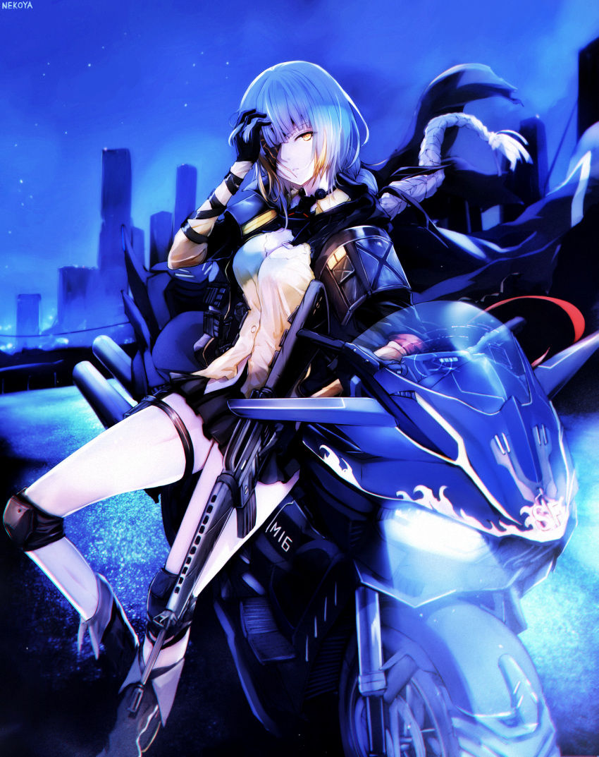 arm_ribbon assault_rifle bangs blonde_hair boots braid breasts character_name cityscape cloak commentary corruption dyolf eyepatch floating_hair girls_frontline gloves ground_vehicle gun hand_on_own_head highres holding jacket knee_pads leaning_against_motorcycle lights long_hair looking_at_viewer m16a1 m16a1_(girls_frontline) mole mole_under_eye motor_vehicle motorcycle multicolored_hair necktie night open_clothes open_jacket parted_lips ribbon rifle sangvis_ferri scar shirt sidelocks single_braid sky solo star_(sky) starry_sky streaked_hair untucked_shirt weapon white_hair yellow_eyes