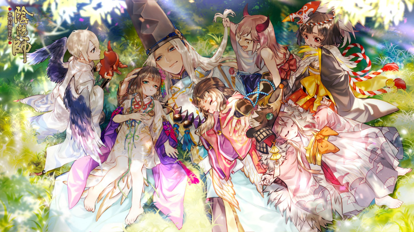 4boys :o abe_no_seimei_(onmyoji) bangs bare_shoulders barefoot beads between_legs black_hair blonde_hair blue_eyes bow bracer bridal_gauntlets brown_hair closed_eyes closed_mouth daitengu eyebrows_visible_through_hair eyeliner father's_day feathered_wings feathers flower gauntlets grass green_eyes hair_between_eyes hair_flower hair_ornament hand_between_legs hand_on_another's_head hat head_on_another's_shoulder headpiece highres hikimayu holding holding_another's_hair holding_mask horns hug itsumade_(onmyoji) japanese_clothes jewelry kaguya_(onmyoji) kanzashi kimono leaf light_brown_hair light_rays logo long_hair long_sleeves looking_at_another looking_at_viewer lying lying_on_person makeup mask mask_on_head mask_removed menreiki monster_girl multiple_boys multiple_girls nine-year obi official_art on_back on_stomach onmyoji onmyouji open_mouth outdoors outstretched_arms parted_lips pink_bow pink_flower prayer_beads print_kimono purple_bow red_eyes red_skirt ribbon ribbon-trimmed_clothes ribbon-trimmed_sleeves ribbon_trim ring saishi sash seiza short_hair sitting skirt sleeping sleeping_on_person smile spread_arms tassel tate_eboshi tengu tengu_mask very_long_hair white_hair wide_sleeves winged_arms wings yamakaze_(onmyoji) yasha_(onmyoji) yellow_eyes youkai