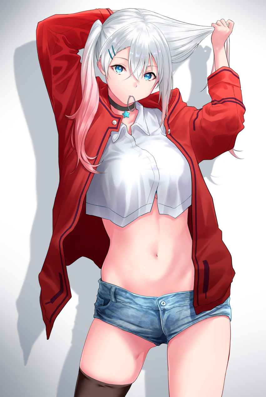 absurdres black_legwear blue_shorts breasts choker collared_crop_top commentary_request cowboy_shot crop_top denim denim_shorts girls_frontline gradient_hair hair_between_eyes hair_ornament hair_tie_in_mouth hairclip highres holding holding_hair jacket long_hair lwmmg_(girls_frontline) midriff mouth_hold multicolored_hair navel open_clothes open_jacket pink_hair red_jacket shinoe_nun short_shorts shorts silver_hair single_thighhigh solo standing stomach thighhighs twintails two-tone_hair tying_hair