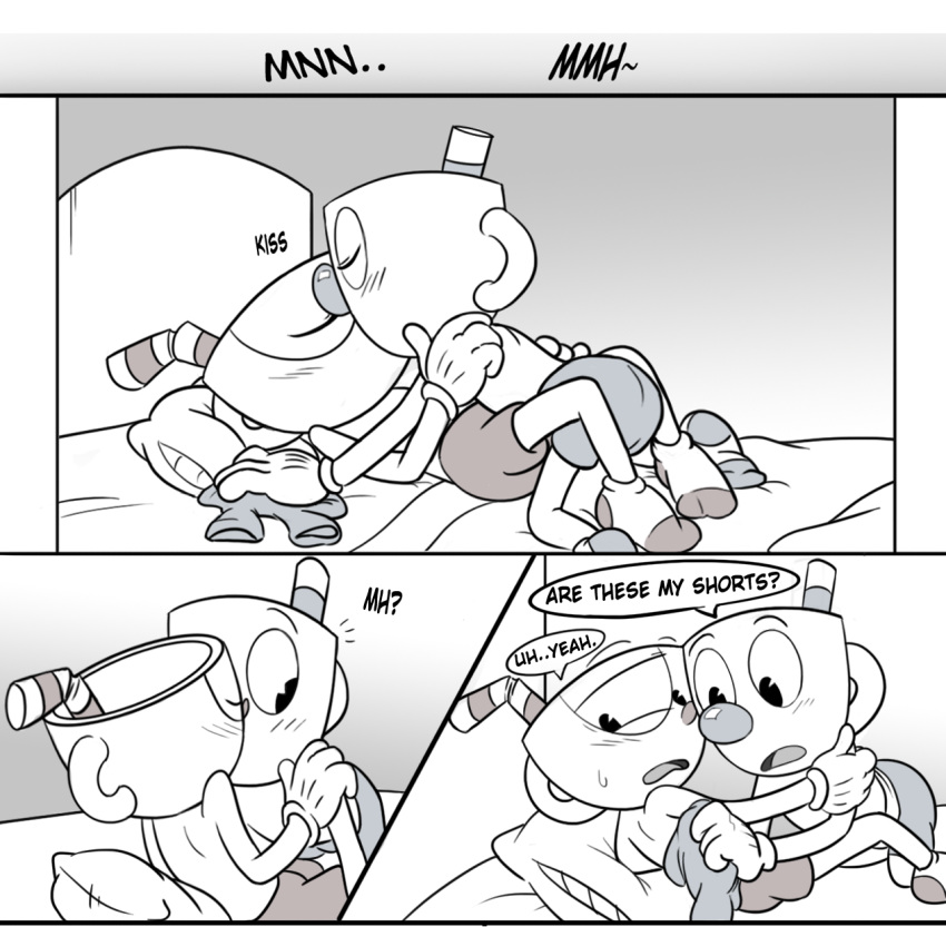 4_fingers animate_inanimate bed black_eyes blush brother brothers clothed clothing comic cup cuphead_(character) cuphead_(game) dialogue duo english_text eyes_closed gloves humanoid humanoid_on_humanoid incest kissing legwear lying male male/male male_on_top mugman not_furry object_head on_back on_bed on_top shorts sibling socks speech_bubble text toxic-boner video_games