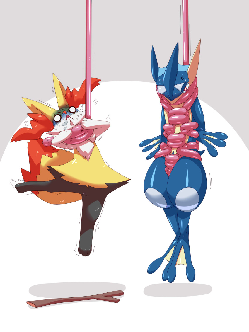 2018 asphyxiation blush braixen choking dlrowdog greninja hanged nintendo pok&eacute;mon pok&eacute;mon_(species) sweat video_games