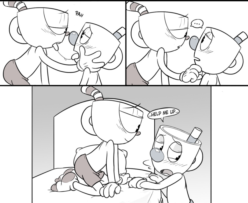 4_fingers animate_inanimate bed black_eyes blush brother brothers clothed clothing comic cup cuphead_(character) cuphead_(game) dialogue duo english_text face_grab gloves half-closed_eyes humanoid humanoid_on_humanoid incest kneeling legwear male male/male mugman not_furry object_head on_bed saliva saliva_string shorts sibling side_view socks speech_bubble text tongue tongue_out toxic-boner video_games