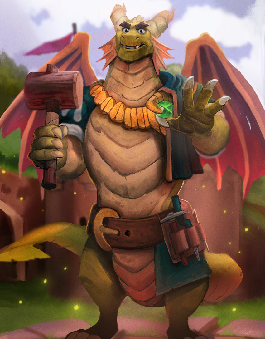 anthro belly_scales belt claws dragon frill gamutfeathers gem hammer horn looking_at_viewer male nestor_(spyro) scales scalie solo spyro_reignited_trilogy spyro_the_dragon tools video_games wings