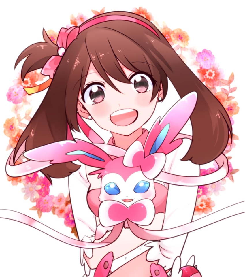 :d bow brown_eyes brown_hair carrying earrings eyebrows_visible_through_hair floating_hair hair_between_eyes hair_bow haruka_(pokemon) head_tilt highres holding jewelry long_hair looking_at_viewer one_side_up open_mouth pink_bow pokemon pokemon_(creature) pokemon_(game) pokemon_oras shirt smile sylveon upper_body white_background white_shirt yuihiko