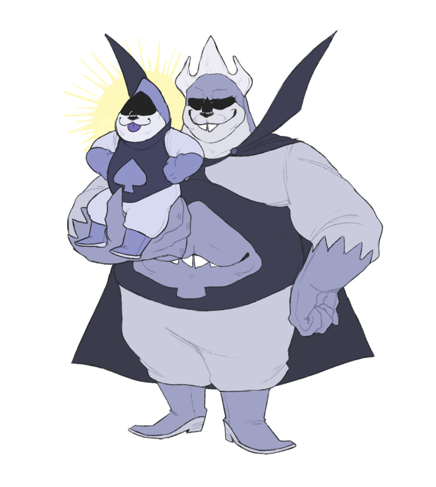 &spades; 2018 4_fingers :3 age_difference belly biped black_markings black_nose blep blue_body blue_tongue cape carrying child clothing cool_colors crown deltarune digital_drawing_(artwork) digital_media_(artwork) duo eyeless facial_markings father father_and_son fist footwear full-length_portrait gloves grey_body hand_on_hip hands_on_hips happy hood humanoid humanoid_hands king king_spade lancer_(deltarune) larger_male leestei male markings mask_(marking) not_furry obese obese_male older_male overweight overweight_male pants parent plantigrade portrait royalty sharp_teeth shoes simple_background sitting size_difference smaller_male smile son spades standing stomach_mouth suit_symbol teeth tongue tongue_out video_games white_background young younger_male