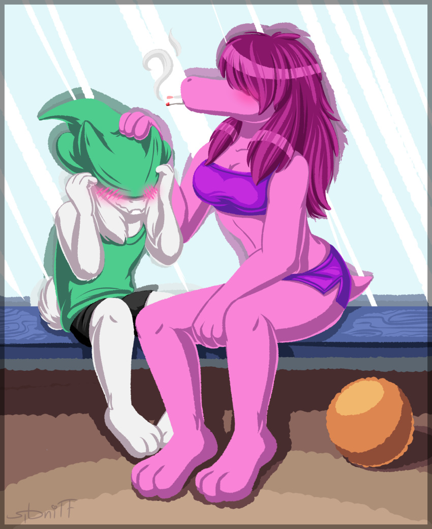 2018 absurd_res anthro ball bandeau blush breasts caprine clothed clothing deltarune digital_media_(artwork) dragon eyewear female fur glasses hair hat hi_res invalid_tag locker_room male mammal non-mammal_breasts ralsei scalie scarf sidnithefox small_breasts smaller_version_at_source susie_(deltarune) tomboy video_games