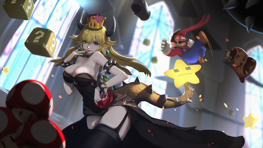 1girl ?_block black_collar black_dress black_legwear blonde_hair blue_earrings blue_eyes bowsette bracelet breasts brooch bullet_bill castle collar commentary crown dress earrings fingernails garter_straps goomba heart heart-shaped_pupils horns jewelry large_breasts long_dress long_hair mario mario_(series) mushroom new_super_mario_bros._u_deluxe overalls pointy_ears sharp_fingernails solo_focus spiked_armlet spiked_bracelet spiked_collar spiked_shell spiked_tail spikes starman_(mario) strapless strapless_dress super_crown super_mario_bros. super_mushroom symbol-shaped_pupils tail tongue tongue_out turtle_shell vafar7