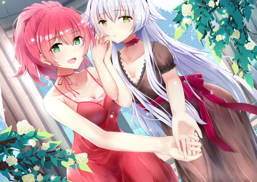 altina_orion bare_shoulders black_dress breasts cleavage collarbone cowboy_shot dress dutch_angle eiyuu_densetsu flower green_eyes hair_flaps hisa09 holding_hands juna_crawford long_hair looking_at_viewer medium_breasts multiple_girls neck_ribbon open_mouth pillar pink_hair plant ponytail red_dress ribbon sen_no_kiseki silver_hair sleeveless yuri