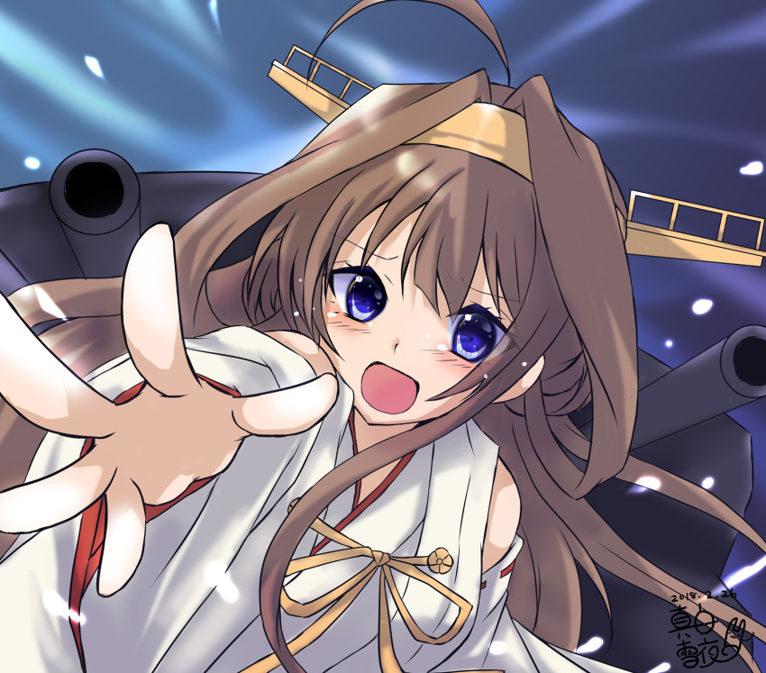 1girl ahoge bangs bare_shoulders blue_eyes blush breasts brown_hair commentary_request d: dated detached_sleeves furrowed_eyebrows hair_intakes highres huge_ahoge kantai_collection kongou_(kantai_collection) long_hair long_sleeves looking_at_viewer open_mouth reaching_out ribbon-trimmed_sleeves ribbon_trim rigging signature solo spread_fingers upper_body white_sleeves wide_sleeves