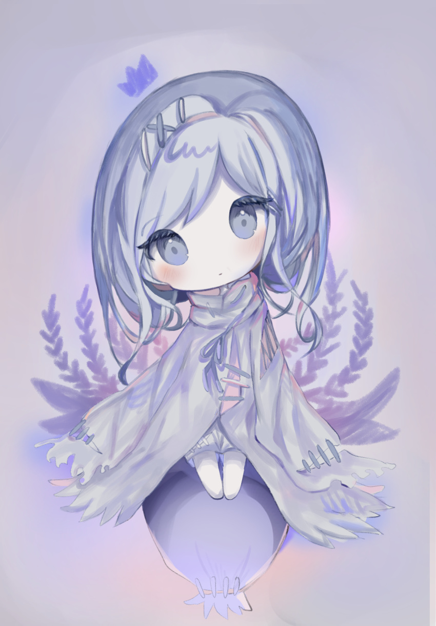 bangs blue_eyes blue_hair blush chibi cloak closed_mouth commentary_request cottontailtokki crown eyebrows_visible_through_hair full_body grey_cloak hair_ornament hairclip head_tilt highres long_hair mini_crown no_shoes original pantyhose sitting solo swept_bangs white_legwear x_hair_ornament