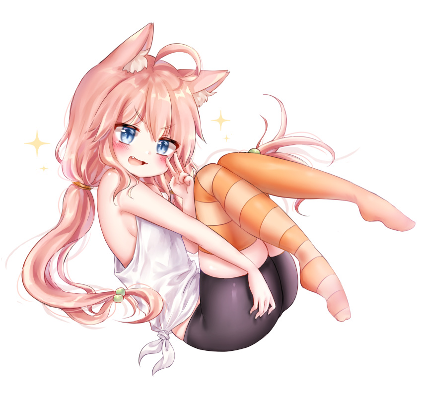 :3 ahoge animal_ear_fluff animal_ears bare_shoulders bike_shorts black_shorts blue_eyes blush breasts cat_ears commentary fang full_body hair_between_eyes hair_bobbles hair_ornament highres hinata_channel honyang korean_commentary long_hair looking_at_viewer low_twintails mismatched_legwear nekomiya_hinata open_mouth orange_legwear pink_hair shirt shorts sideboob simple_background small_breasts smile solo sparkle striped striped_legwear tank_top tied_shirt twintails v v-shaped_eyebrows very_long_hair virtual_youtuber white_background white_tank_top