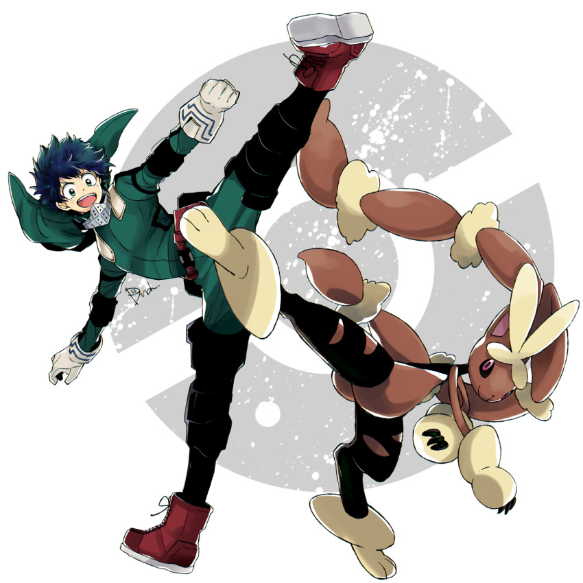 alternate_hair_color black_legwear blue_hair bodysuit boku_no_hero_academia clenched_hands crossover dandel freckles gloves green_bodysuit hood hood_down kicking looking_at_viewer lopunny mega_lopunny mega_pokemon midoriya_izuku poke_ball_symbol pokemon pokemon_(creature) red_footwear signature white_gloves