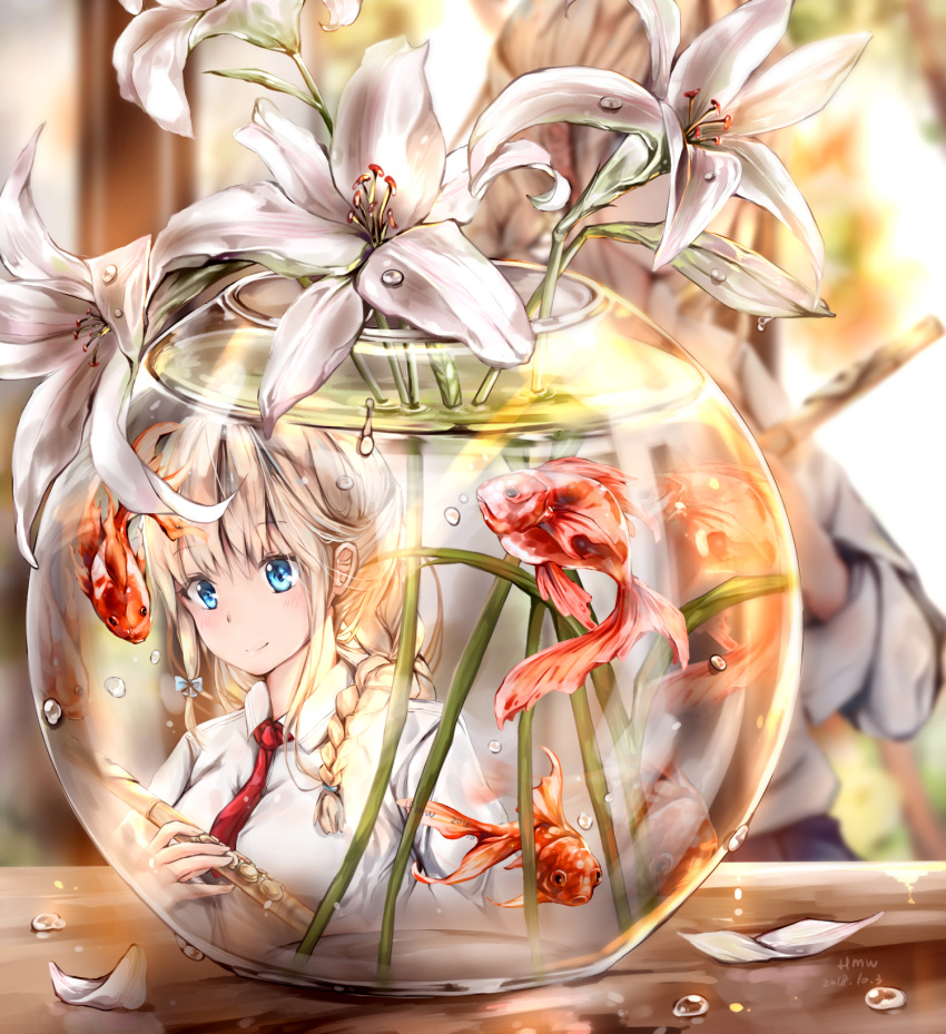 animal artist_name bangs blonde_hair blue_bow blue_eyes blurry blurry_background blush bow braid closed_mouth collared_shirt commentary_request dated day depth_of_field dew_drop different_reflection eyebrows_visible_through_hair fish fishbowl flower flute goldfish hair_bow hair_ornament hairclip highres hmw_(pixiv7054584) holding holding_instrument indoors instrument lily_(flower) long_hair necktie original petals red_neckwear reflection shirt sidelocks smile solo table transparent uniform water water_drop white_flower white_shirt