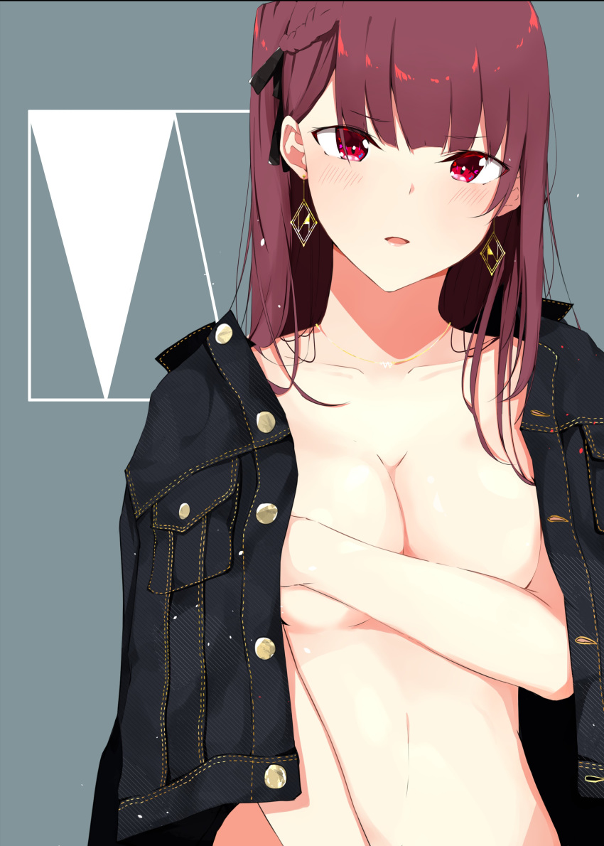 absurdres bangs black_jacket black_ribbon blush braid breasts coat collarbone commentary covering covering_breasts earrings eyebrows_visible_through_hair french_braid girls_frontline hair_ribbon half_updo highres ichiki_1 jacket jacket_on_shoulders jewelry large_breasts long_hair looking_at_viewer naked_coat necklace one_side_up open_clothes open_jacket open_mouth purple_hair red_eyes ribbon solo very_long_hair wa2000_(girls_frontline)