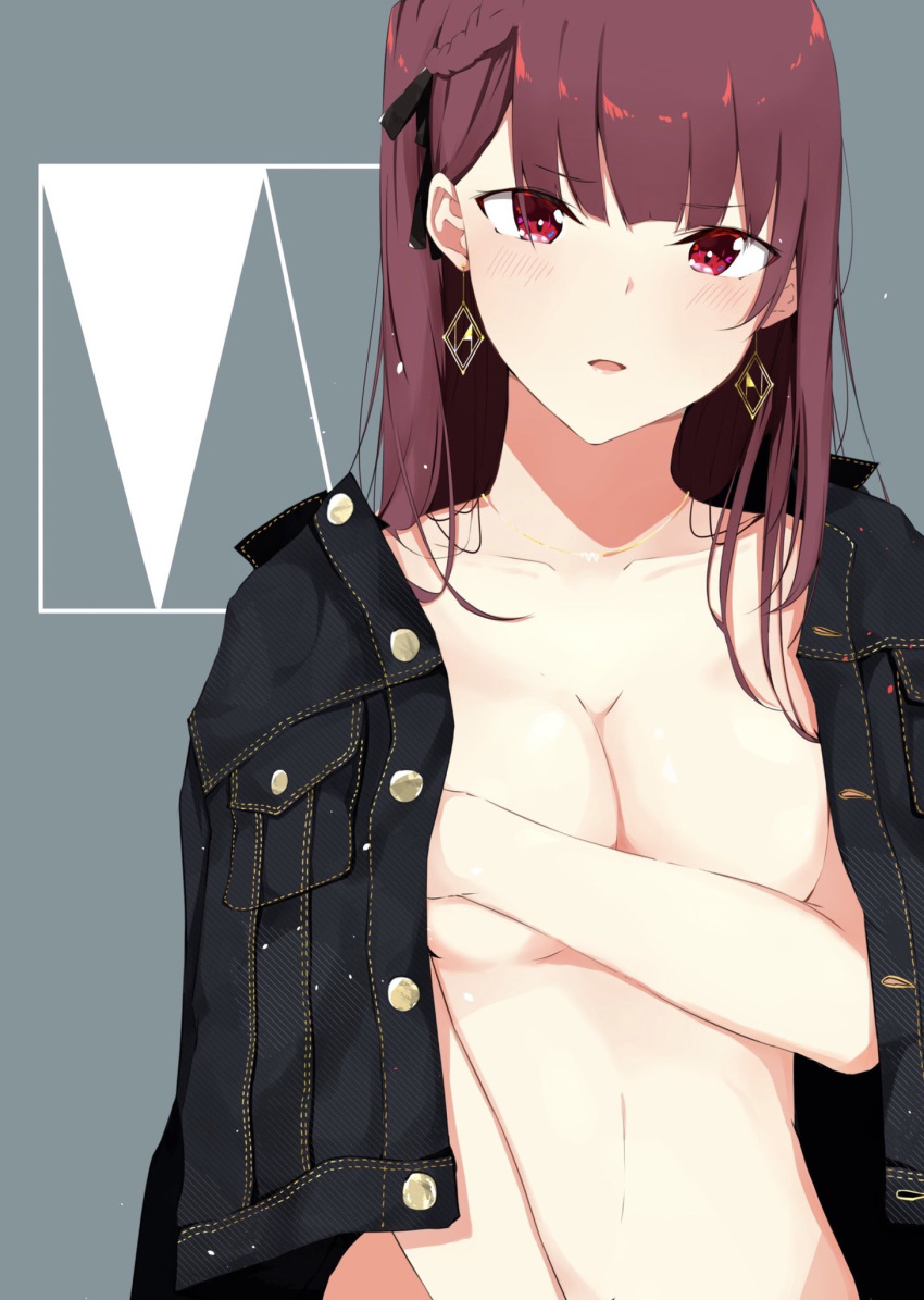 bangs black_jacket black_ribbon blush braid breasts collarbone commentary_request covering covering_breasts earrings eyebrows_visible_through_hair french_braid girls_frontline hair_ribbon half_updo highres ichiki_(pixiv_28380297) jacket jacket_on_shoulders jewelry large_breasts long_hair looking_at_viewer naked_coat necklace one_side_up open_clothes open_jacket open_mouth purple_hair red_eyes ribbon solo very_long_hair wa2000_(girls_frontline)