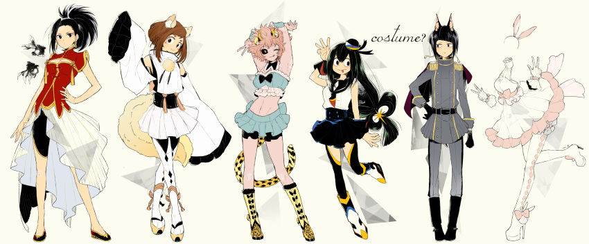 :p animal_ears arms_behind_head ashido_mina asui_tsuyu black_eyes black_hair black_sclera blush_stickers boku_no_hero_academia boots breasts brown_eyes brown_hair bunny_ears capelet cleavage cleavage_cutout costume dandel detached_sleeves epaulettes fish gloves green_hair hagakure_tooru hair_rings highres horns invisible japanese_clothes jirou_kyouka long_hair medium_breasts midriff military military_uniform multiple_girls pink_hair pink_skin ponytail sailor_collar short_hair skirt sleeves_past_wrists tail thigh_boots thighhighs tied_hair tongue tongue_out uniform uraraka_ochako v waist_cape white_gloves yaoyorozu_momo yellow_eyes