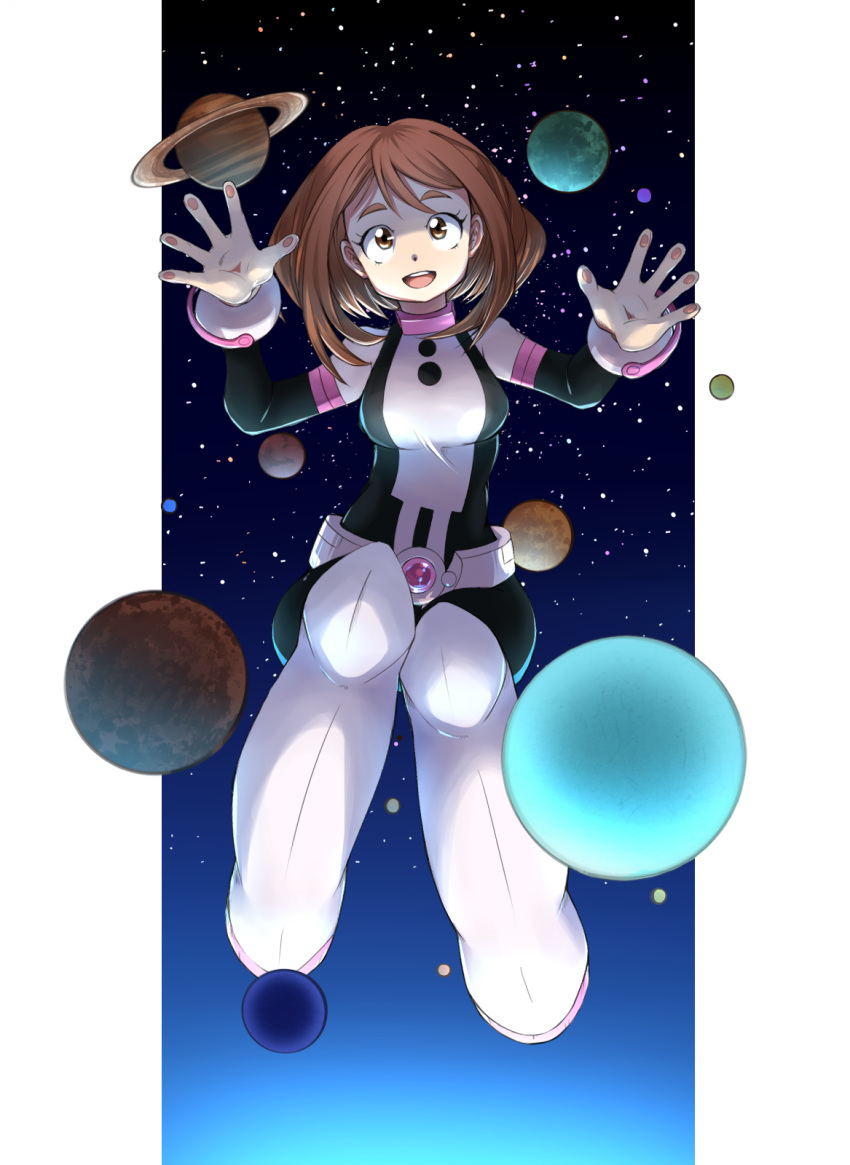:d benioto_(souko213) black_bodysuit bodysuit boku_no_hero_academia border breasts brown_eyes brown_hair commentary_request gloves hands_up highres large_breasts looking_at_viewer neptune_(planet) open_mouth pink_bodysuit pink_footwear pink_gloves planet saturn short_hair skin_tight smile solo space uraraka_ochako white_border