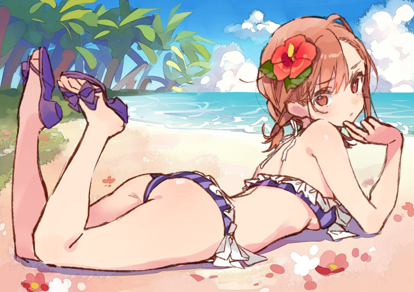 alternate_hairstyle ass bandeau bare_legs beach bikini breasts brown_eyes brown_hair commentary_request day dsmile flower frilled_bikini frills from_side hair_flower hair_ornament high_heels looking_at_viewer low_twintails lying misaka_mikoto on_stomach outdoors petals platform_footwear platform_heels purple_bikini sandals short_twintails side-tie_bikini sideboob sketch small_breasts solo striped swimsuit to_aru_majutsu_no_index twintails vertical-striped_bikini vertical_stripes work_in_progress