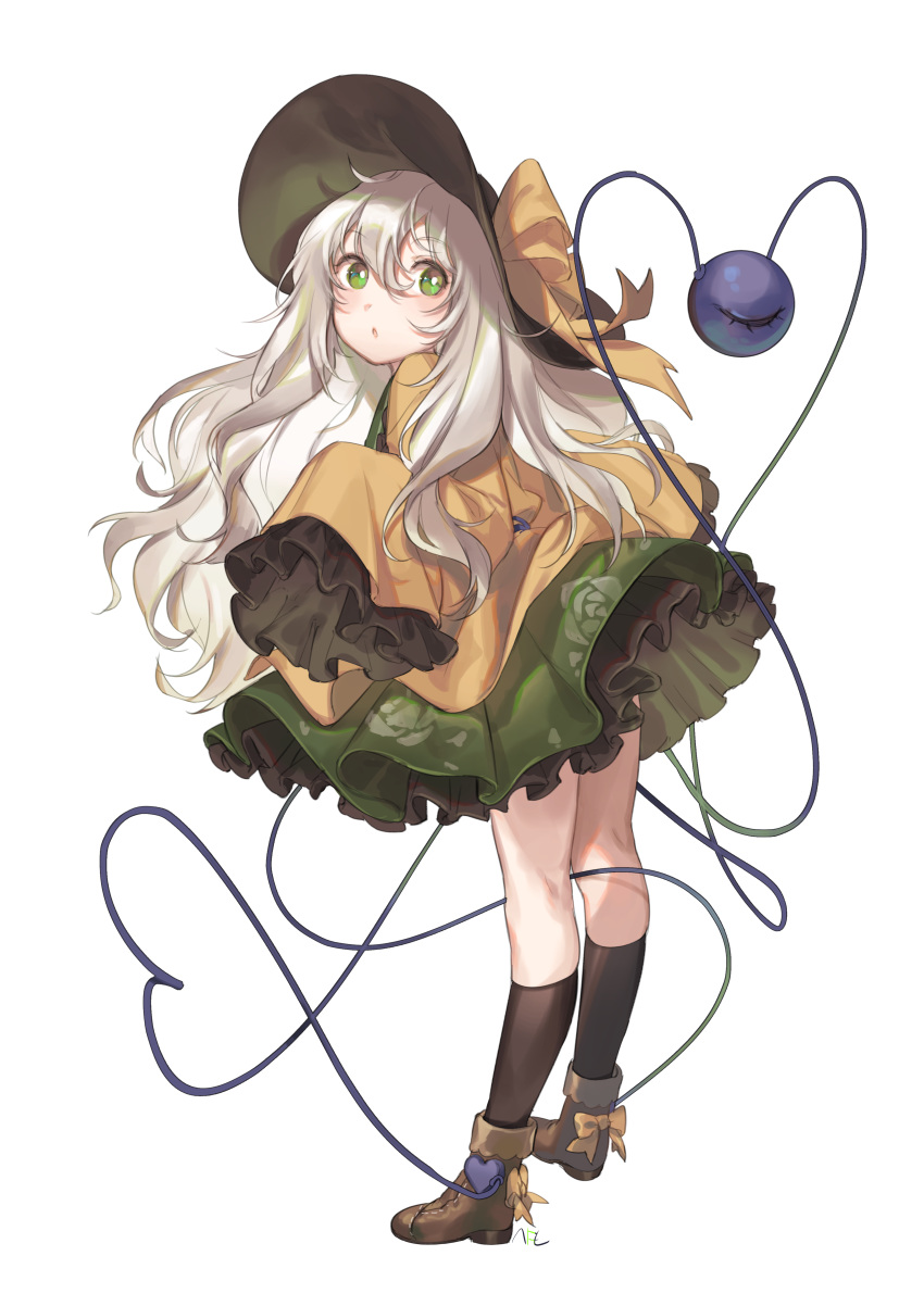 :o absurdres alternate_hair_length alternate_hairstyle bangs black_hat black_legwear boot_bow boots bow brown_footwear floral_print frilled_skirt frilled_sleeves frills from_side full_body green_eyes green_skirt hair_between_eyes hat hat_bow heart heart_of_string highres kneehighs komeiji_koishi leaning_forward long_hair looking_at_viewer looking_to_the_side miniskirt shan shirt silver_hair simple_background skirt sleeves_past_fingers sleeves_past_wrists solo third_eye touhou white_background yellow_bow yellow_shirt