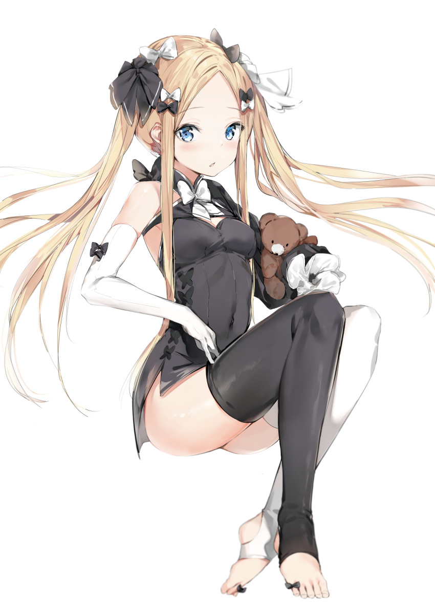 abigail_williams_(fate/grand_order) absurdres alternate_costume alternate_hairstyle ass asymmetrical_clothes asymmetrical_gloves bangs bare_shoulders barefoot black_bow black_dress black_legwear black_sleeves blonde_hair blue_eyes blush bow bowtie breasts bug butterfly china_dress chinese_clothes cleavage_cutout commentary covered_navel dress elbow_gloves eyebrows_visible_through_hair fate/grand_order fate_(series) feet forehead frilled_sleeves frills full_body gloves hair_bow highres hips holding holding_stuffed_animal insect knees_up legs long_hair long_sleeves looking_at_viewer mismatched_gloves mismatched_legwear no_shoes object_hug open_mouth parted_bangs parted_lips polka_dot short_dress side_slit sidelocks silver_(chenwen) simple_background single_glove single_sleeve sitting sleeves_past_fingers sleeves_past_wrists small_breasts solo stirrup_legwear stuffed_animal stuffed_toy teddy_bear thighhighs thighs toeless_legwear toenails toes twintails very_long_hair white_background white_bow white_gloves white_legwear