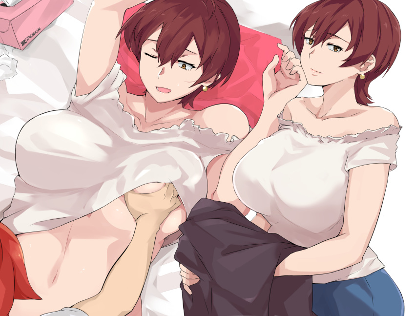 1girl ;d bare_shoulders bed_sheet blue_skirt breast_grab breasts brown_eyes cafekun collarbone commentary_request couple earrings grabbing groping hand_under_clothes hand_under_shirt hibiki_yuuta highres jewelry large_breasts looking_at_viewer lying mature midriff on_bed one_eye_closed open_mouth orange_hair pillow shirt shirt_lift short_hair skirt smile ssss.gridman takarada_rikka's_mother tissue_box underboob used_tissue white_shirt