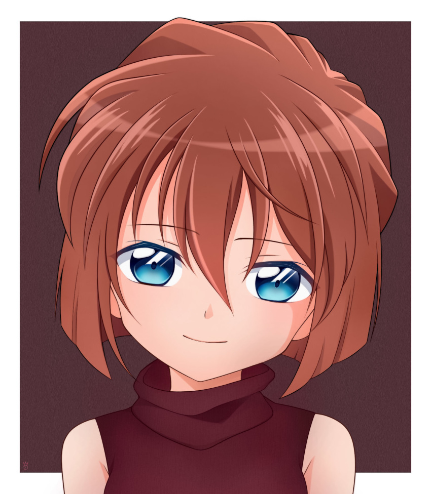 blue_eyes brown_hair brown_vest eyebrows_visible_through_hair haibara_ai hair_between_eyes highres koudzuki_(reshika213) looking_at_viewer meitantei_conan portrait shiny shiny_hair short_hair sleeveless smile solo vest