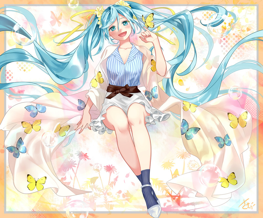 :d animal_print bare_legs black_ribbon blue_butterfly blue_eyes blue_hair blue_legwear blue_shirt blush border bubble bug butterfly butterfly_print cloak clothes_lift crossed_legs eyebrows_visible_through_hair fingernails floating_hair floral_background flower frilled_skirt frills full_body half-closed_eyes hand_up happy hatsune_miku insect long_hair looking_at_viewer multicolored multicolored_background open_mouth orange_background outside_border palm_tree pink_background plant polka_dot polka_dot_background purple_background ribbon sakikko shirt sitting skirt smile socks solo striped striped_legwear striped_shirt tree vertical-striped_legwear vertical-striped_shirt vertical_stripes very_long_hair vocaloid white_background white_cloak white_footwear white_skirt yellow_butterfly