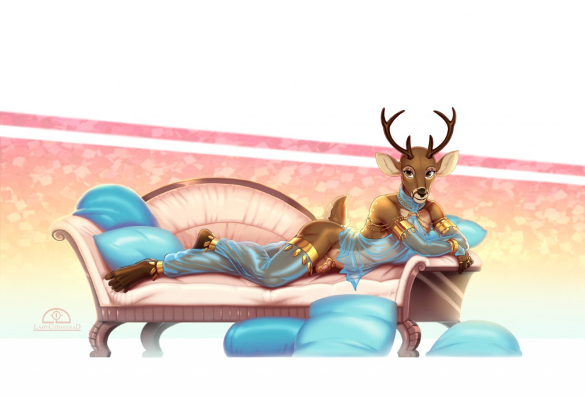 2018 anthro antlers arm_support bracelet cervine chain chastity_cage clothed clothing girly harem_outfit horn humanoid_hands jewelry ladychimaera looking_at_viewer male mammal penis piercing pillow reclining simple_background smile solo translucent transparent_clothing
