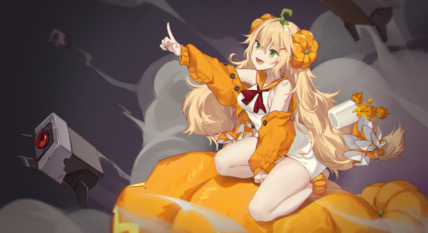 alternate_costume ankle_scrunchie baggy_clothes bangs bare_shoulders barefoot between_legs blonde_hair blush breasts cardigan commentary cup dinergate_(girls_frontline) dress eyebrows_visible_through_hair food_themed_hair_ornament girls_frontline green_eyes hair_between_eyes hair_ornament hairband hairclip halloween hand_between_legs highres kneeling long_hair looking_up messy_hair mug neckerchief off_shoulder open_cardigan open_clothes open_mouth orange_cardigan orange_sailor_collar pointing pumpkin pumpkin_hair_ornament pumpkin_soup red_neckwear s.a.t.8_(girls_frontline) sailor_collar sailor_dress scrunchie sidelocks silk smile smile_(mm-l) smoke solo spider_web very_long_hair white_dress