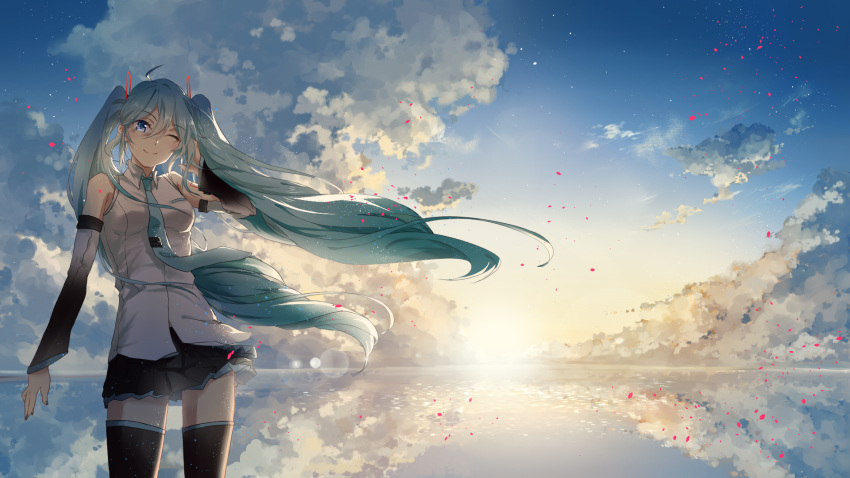 ;) black_skirt blue_eyes blue_hair blue_nails blue_neckwear blue_sky blurry bokeh cloud cloudy_sky cowboy_shot day depth_of_field detached_sleeves evening eyebrows_visible_through_hair fingernails floating_hair hand_in_hair hand_up happy hatsune_miku highres jin_yun long_hair looking_at_viewer nail_polish necktie one_eye_closed outdoors reflecting_pool reflection shirt skirt skirt_lift sky sleeveless sleeveless_shirt smile solo standing sun sunlight thighhighs twintails upper_body very_long_hair vocaloid water white_shirt wind wind_lift