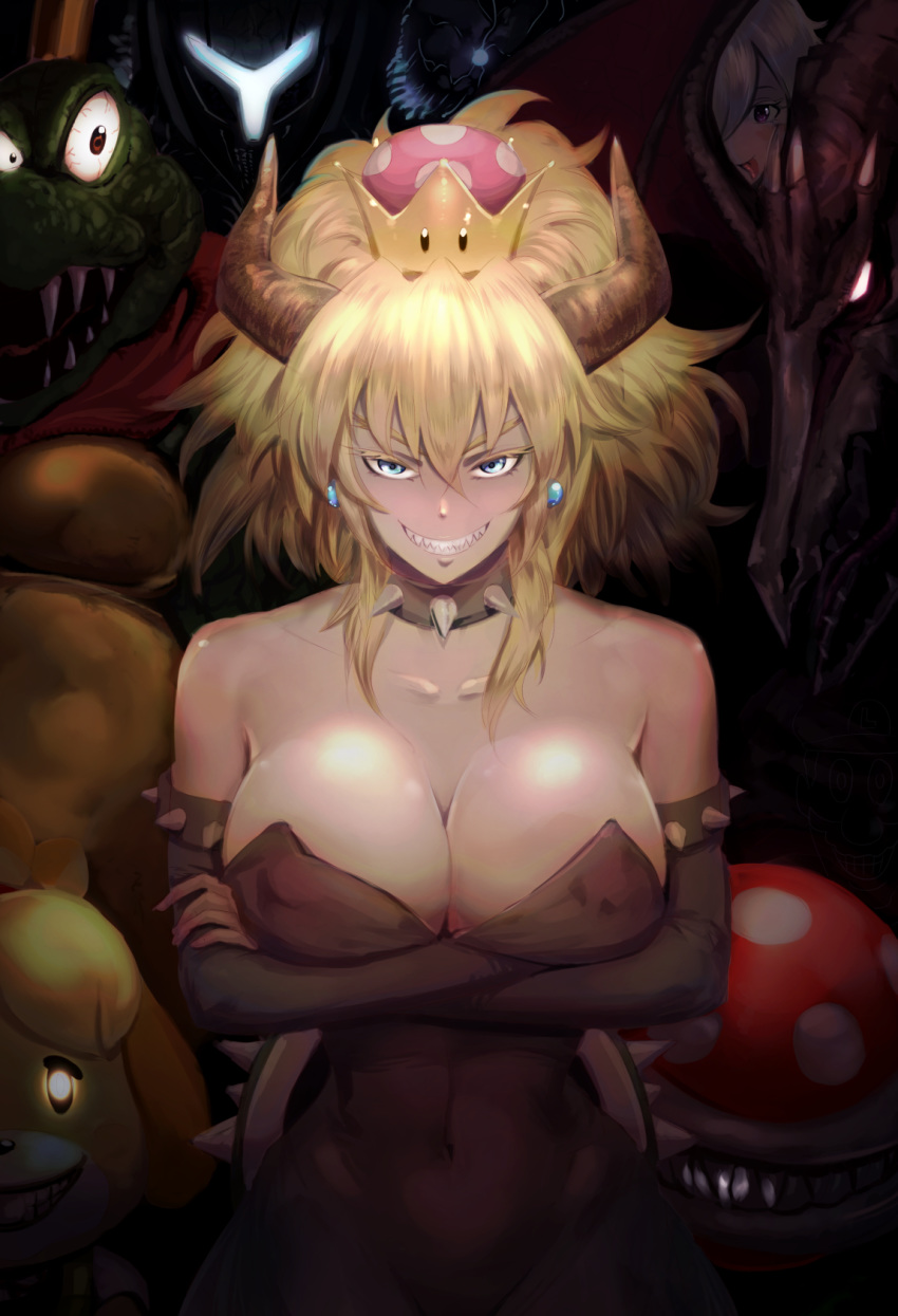 animal_ears bangs bare_shoulders black_collar black_dress blonde_hair blue_earrings blue_eyes borrowed_design bowsette bracelet breasts cleavage collar collarbone commentary_request covered_navel crossed_arms crown dark_samus donkey_kong_(series) donkey_kong_country doubutsu_no_mori dress earrings elbow_gloves evil_grin evil_smile furry gloves glowing glowing_eyes grin highres horns jewelry king_k._rool large_breasts long_hair looking_at_viewer mario_(series) metroid metroid_prime_2:_echoes multiple_girls new_super_mario_bros._u_deluxe piranha_plant princess_king_boo ridley sharp_teeth shizue_(doubutsu_no_mori) silver_hair smile spiked_armlet spiked_collar spiked_shell spikes strapless strapless_dress super_crown super_smash_bros. super_smash_bros._ultimate teeth tongue tongue_out turtle_shell uenoryoma v-shaped_eyebrows