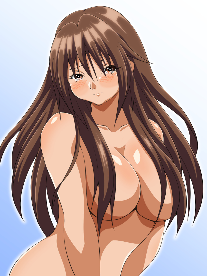 00s 1girl blush breasts brown_eyes brown_hair convenient_censoring eyes_visible_through_hair frown gradient gradient_background hair_censor hair_over_breasts ichigo_100_percent inabakun00 kitaooji_satsuki large_breasts long_hair looking_at_viewer matching_hair/eyes nude solo standing tears