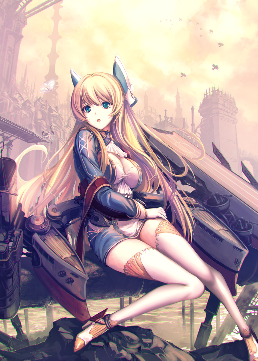 aircraft airplane ascot azur_lane bangs blonde_hair blue_eyes braid breasts bug butterfly cannon city cleavage cleavage_cutout commentary_request dress floating_hair glorious_(azur_lane) gloves hair_between_eyes headgear highres insect large_breasts long_hair long_sleeves looking_away machinery medium_breasts open_mouth outdoors pipes reflection rigging rudder_shoes ruins short_dress sidelocks sitting solo statue taut_clothes taut_dress tenmaso thighhighs turret very_long_hair water white_gloves white_legwear