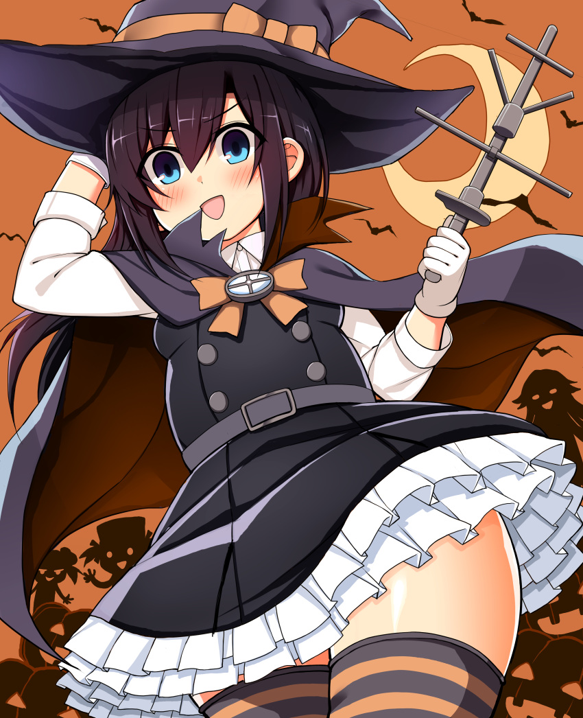 absurdres adapted_costume arashio_(kantai_collection) asashio_(kantai_collection) bat belt blue_eyes blush cape collared_shirt commentary_request crescent_moon double_bun dress dress_shirt eyebrows_visible_through_hair frilled_dress frills gloves hair_between_eyes halloween halloween_costume happy_halloween hat highres jack-o'-lantern kantai_collection long_hair long_sleeves looking_at_viewer michishio_(kantai_collection) moon multiple_girls ooshio_(kantai_collection) open_mouth orange_neckwear orange_ribbon orange_sky pinafore_dress remodel_(kantai_collection) ribbon richou_(zerozero1101) school_uniform shirt short_sleeves short_twintails silhouette sky smile staff striped striped_legwear thighhighs thighs trick_or_treat twintails white_gloves white_shirt witch