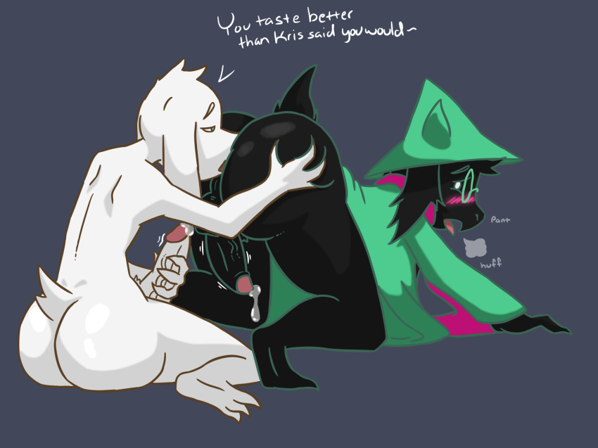 2018 anal anthro asriel_dreemurr balls big_butt black_fur blush boss_monster butt butt_grab caprine clothing cronum deltarune dialogue english_text erection eyewear fur glasses goat hand_on_butt hat hi_res holding_penis humanoid_penis long_ears male male/male mammal nude open_mouth oral panting penis precum ralsei rimming scarf sex simple_background text thick_thighs throbbing tongue tongue_out undertale video_games