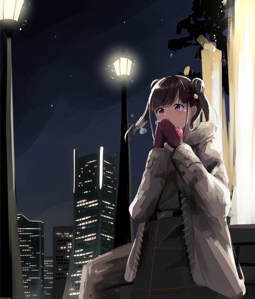 belt belt_buckle black_belt blush brown_coat brown_hair brown_skirt buckle building coat commentary_request covered_mouth doran_(dorannomai) double_bun grey_skirt hands_up highres idolmaster idolmaster_shiny_colors lamppost long_hair mittens night night_sky open_clothes open_coat outdoors red_eyes red_mittens side_bun skirt sky skyscraper solo sonoda_chiyoko twintails