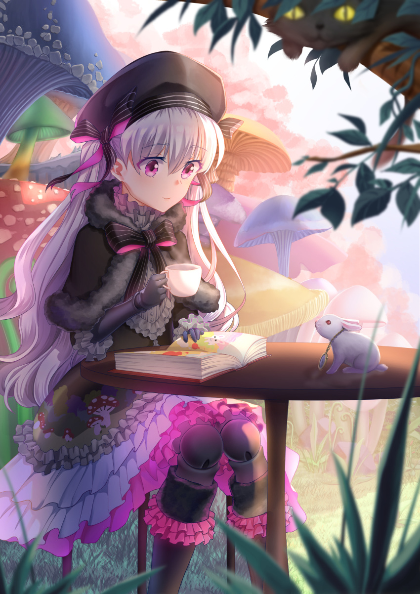 airysher blurry_foreground book bunny capelet cat chair commentary_request cup day doll_joints eyebrows_visible_through_hair fate/grand_order fate_(series) frills fur-trimmed_capelet fur_trim hair_between_eyes highres leaf long_hair mushroom nursery_rhyme_(fate/extra) open_book outdoors pink_eyes silver_hair sitting smile solo table teacup