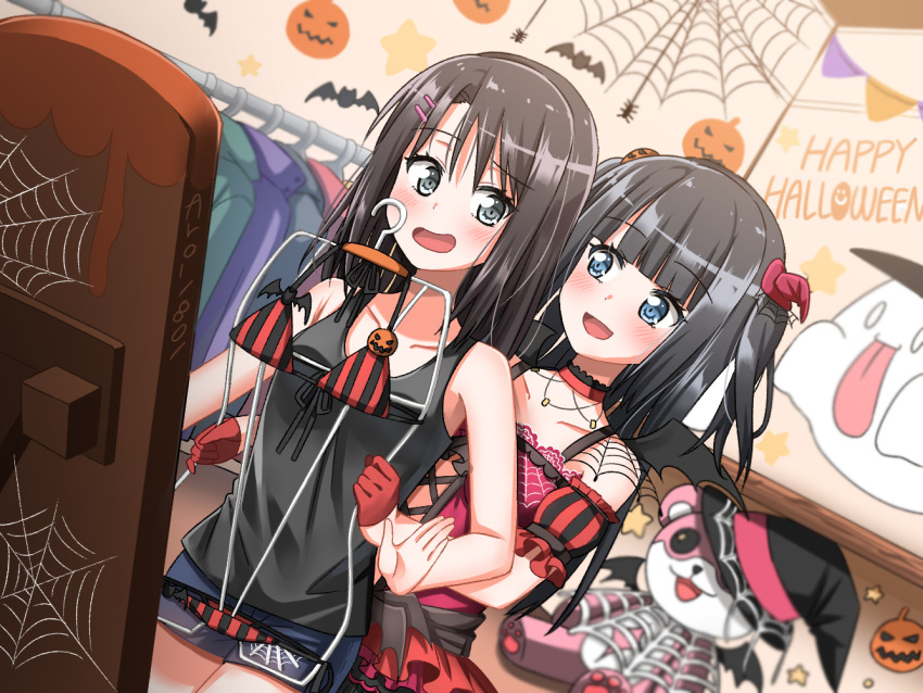 :d aro_1801 bang_dream! bangs bat_wings bikini bikini_removed black_eyes black_tank_top blue_eyes blunt_bangs blush bug character_doll choker clothes_hanger clothes_in_front collarbone commentary_request cross-laced_clothes detached_sleeves dutch_angle ghost gloves hair_ornament hairclip halloween happy_halloween hat holding_clothes jack-o'-lantern long_hair medium_hair michelle_(bang_dream!) mini_hat mini_witch_hat miori_(aro_1801) mirror multiple_girls navy_blue_shorts okusawa_misaki open_mouth original red_bikini red_choker red_gloves shopping short_shorts shorts silk smile spider spider_web striped striped_bikini stuffed_animal stuffed_toy swimsuit tank_top teddy_bear twitter_username wings witch_hat