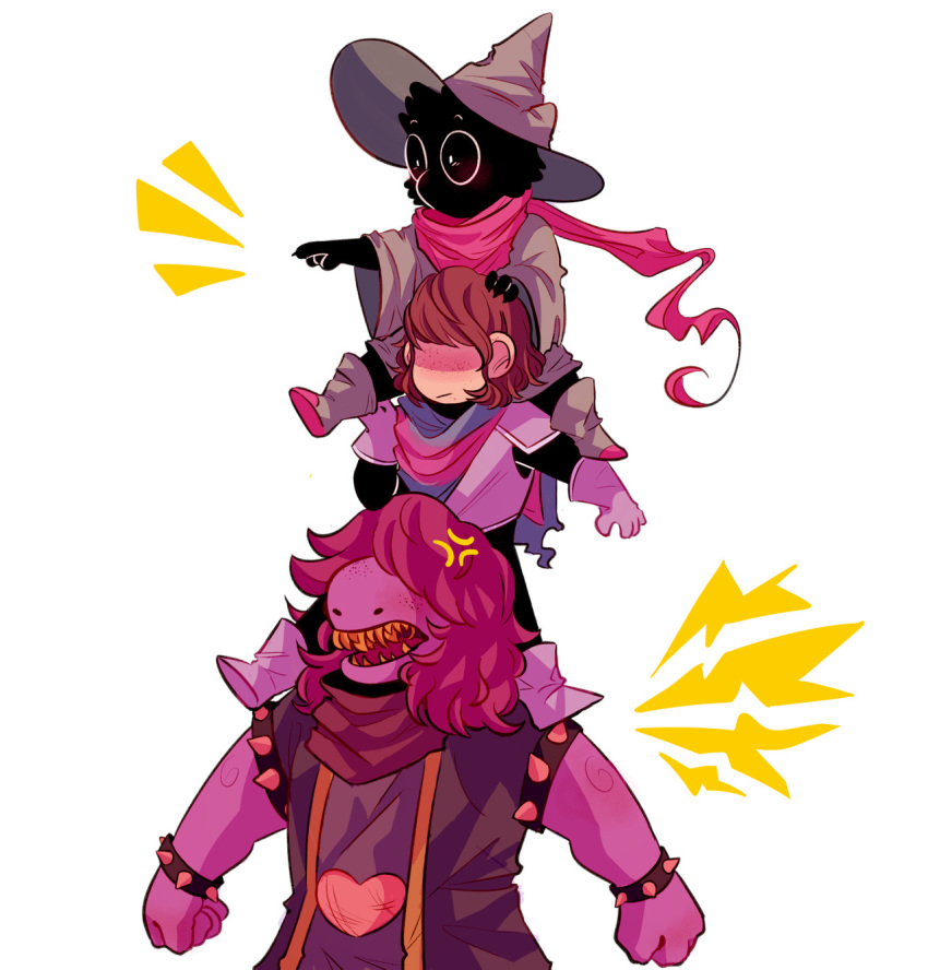 1girl 1other :/ anger_vein bracelet brown_hair capelet carrying clenched_hand deltarune gloves hair_over_eyes hat highres jewelry kris_(deltarune) nuggetu open_mouth piggyback pink_scarf pink_skin pointing ralsei scarf sharp_teeth spiked_armlet spiked_bracelet spikes standing susie_(deltarune) teeth white_background wide_sleeves wizard_hat yellow_teeth