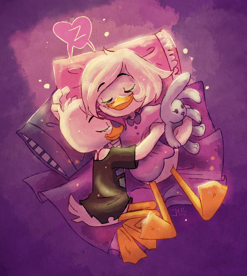 &lt;3 2018 anthro avian bare_shoulder bird child clothed clothing cub cuddling duck ducktales ducktales_(2017) duo eyes_closed feathers female female/female hair_dye hi_res hug lena_(ducktales) lying on_back on_side pajamas pillow plushie purple_background simple_background sleeping smile soup_du_silence teenager webby_vanderquack white_feathers young