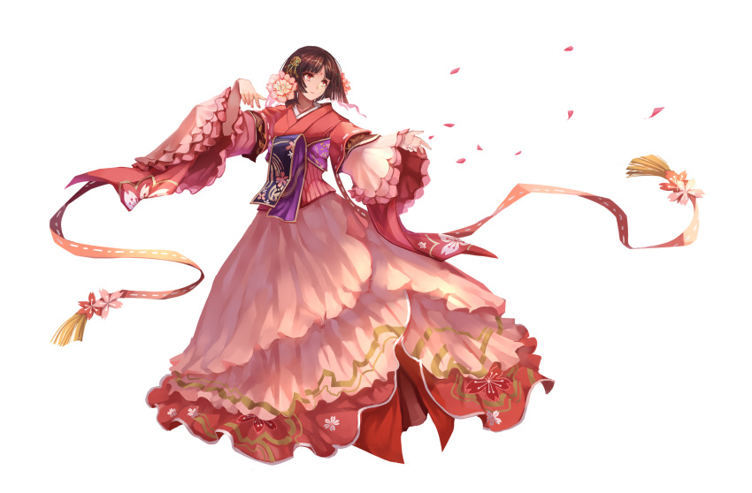 arm_up brown_eyes brown_hair cherry_blossoms closed_mouth demon_girl floating floral_print flower hair_flower hair_ornament highres japanese_clothes kimono long_sleeves looking_to_the_side obi onmyoji outstretched_arms petals pink_flower pink_kimono red_eyes sakura_(onmyoji) sash short_hair simple_background smile solo spread_arms white_background wide_sleeves yougen_kitsune youkai