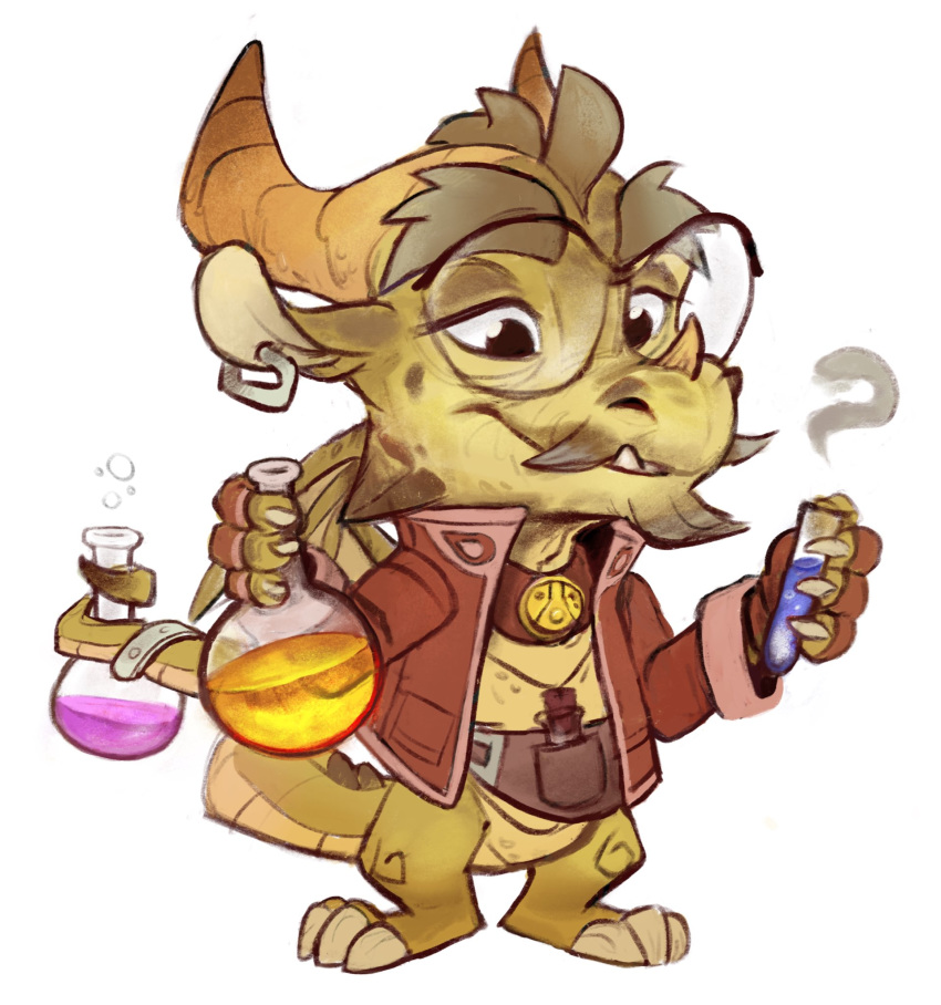 alchemist anthro belt bottomless bubble chemist chemistry chibi claws clothed clothing dragon ear_piercing eyewear facial_hair gamutfeathers glasses goatee horn invalid_tag male mature_male mustache piercing potion scalie small_(disambiguation) small_wings smile smoke solo test_tube vial western_dragon wings