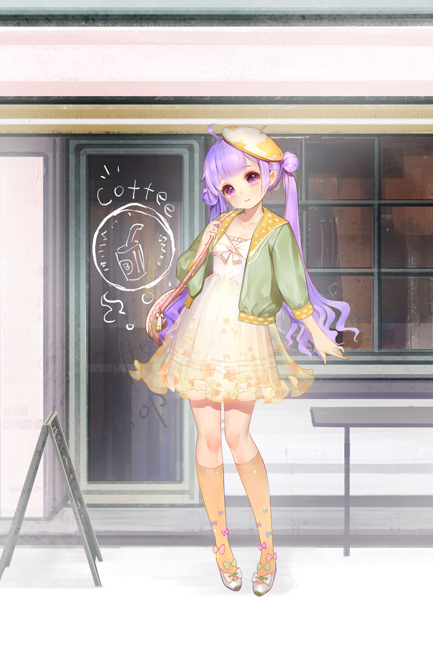 ahoge alternate_costume azur_lane bag beret blue_bow blush bow closed_mouth door double_bun dress green_bow green_jacket hand_up hat highres jacket kneehighs long_hair long_sleeves orange_legwear orry outdoors pink_bow puffy_long_sleeves puffy_sleeves purple_bow purple_hair shoes shoulder_bag side_bun sidelocks sign smile solo standing storefront tilted_headwear twintails unicorn_(azur_lane) very_long_hair white_bow white_dress white_footwear white_hat window