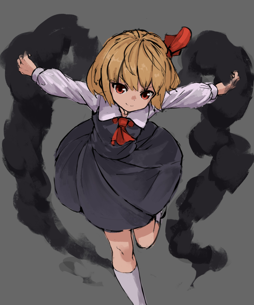 absurdres ascot bangs black_dress blonde_hair closed_mouth darkness dress eyebrows_visible_through_hair hair_ribbon highres leg_up long_sleeves looking_at_viewer nob1109 outstretched_arms red_eyes red_neckwear red_ribbon ribbon rumia short_hair smile socks solo standing standing_on_one_leg touhou white_legwear